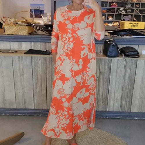 Damen nan fließendes A-Linien-Maxikleid mit Dreiviertelärmeln Rundhalsausschnitt Seitenschlitz und Eingrifftaschen Drune