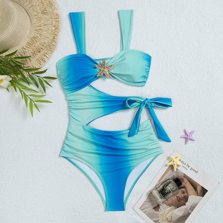 Damen Hochgeschnittener Bikini mit Raffungen und dekorativem Muschelanhänger Drune