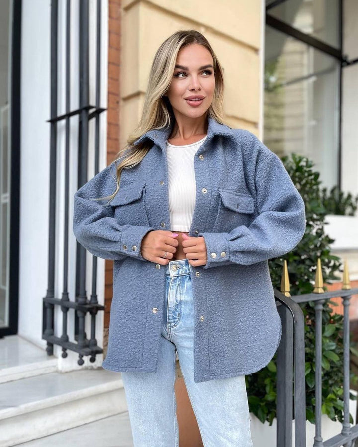 Damen Oversized Teddy-Übergangsjacke mit Brusttaschen und Druckknöpfen Drune