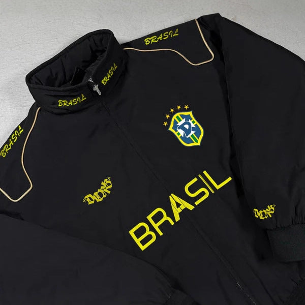 Unisex nan sportliche Retro-Trainingsjacke mit Stehkragen Reißverschluss Brustemblem und Brasilien-Schriftzug Drune