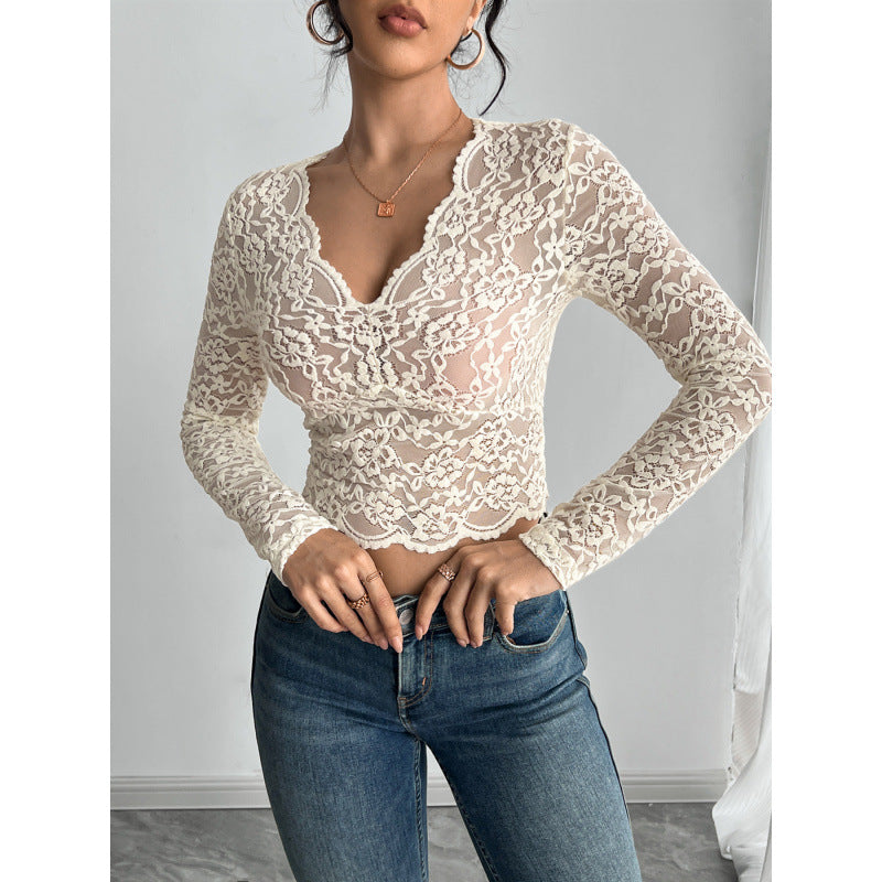 Damen transparenter Longsleeve aus Spitze Drune