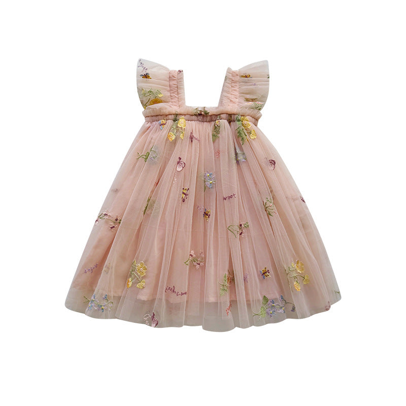 Mädchen Besticktes Tüll Partykleid mit Rüscheträgern Drune