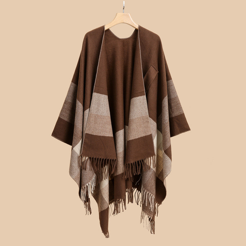 Damen Capeponcho aus Wollmix mit Ärmelschlitzen, offener Front und Fransenabschluss Drune
