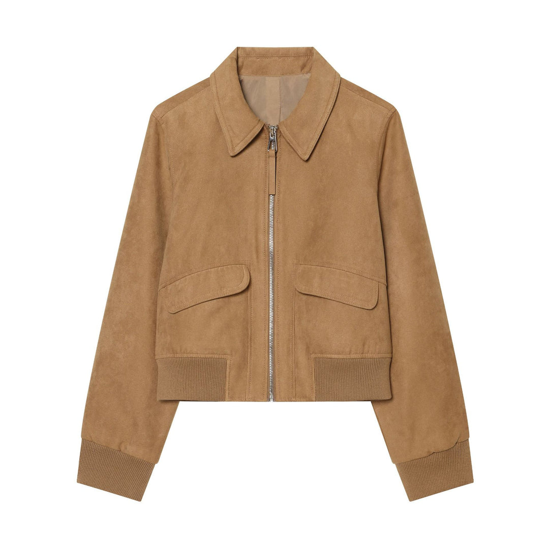 Damen Kurzer Veloursleder‑Bomber mit Reißverschluss, Pattentaschen und Rippsaum Drune