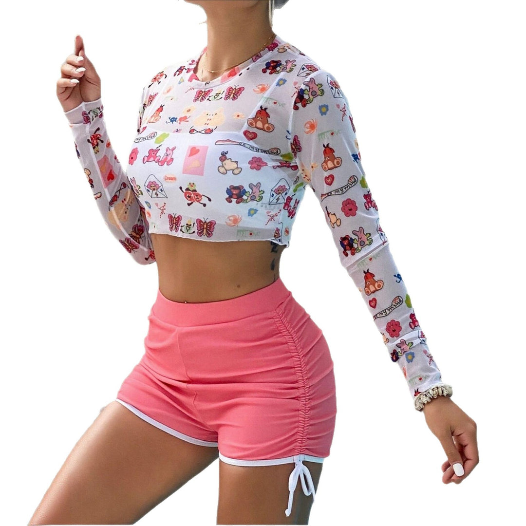 Damen Bunt bedrucktes Langarm Shirt mit Crop-Schnitt Drune
