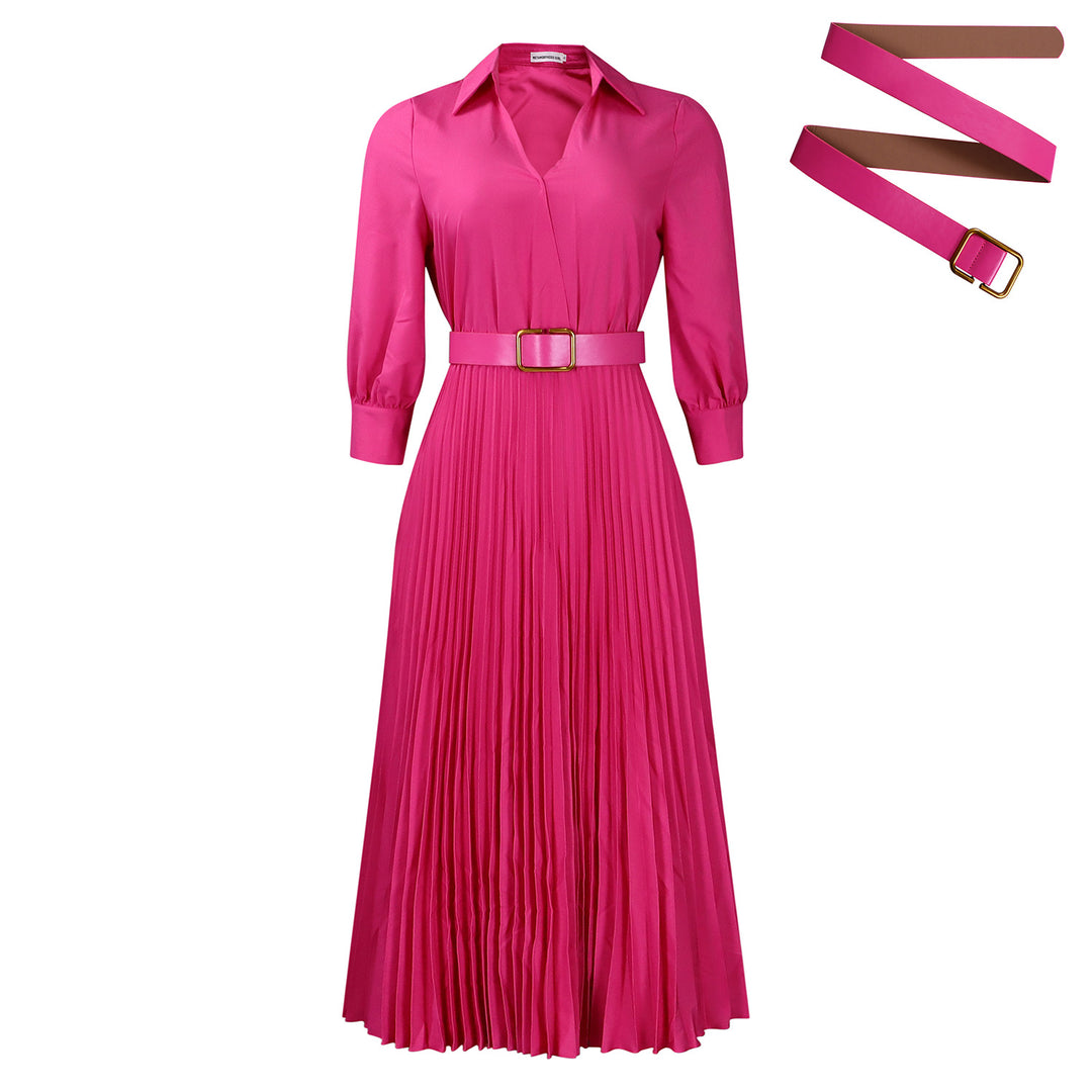 Damen Plissee Maxi-Kleid mit Taillengürtel und eleganter Knopfkragen Drune