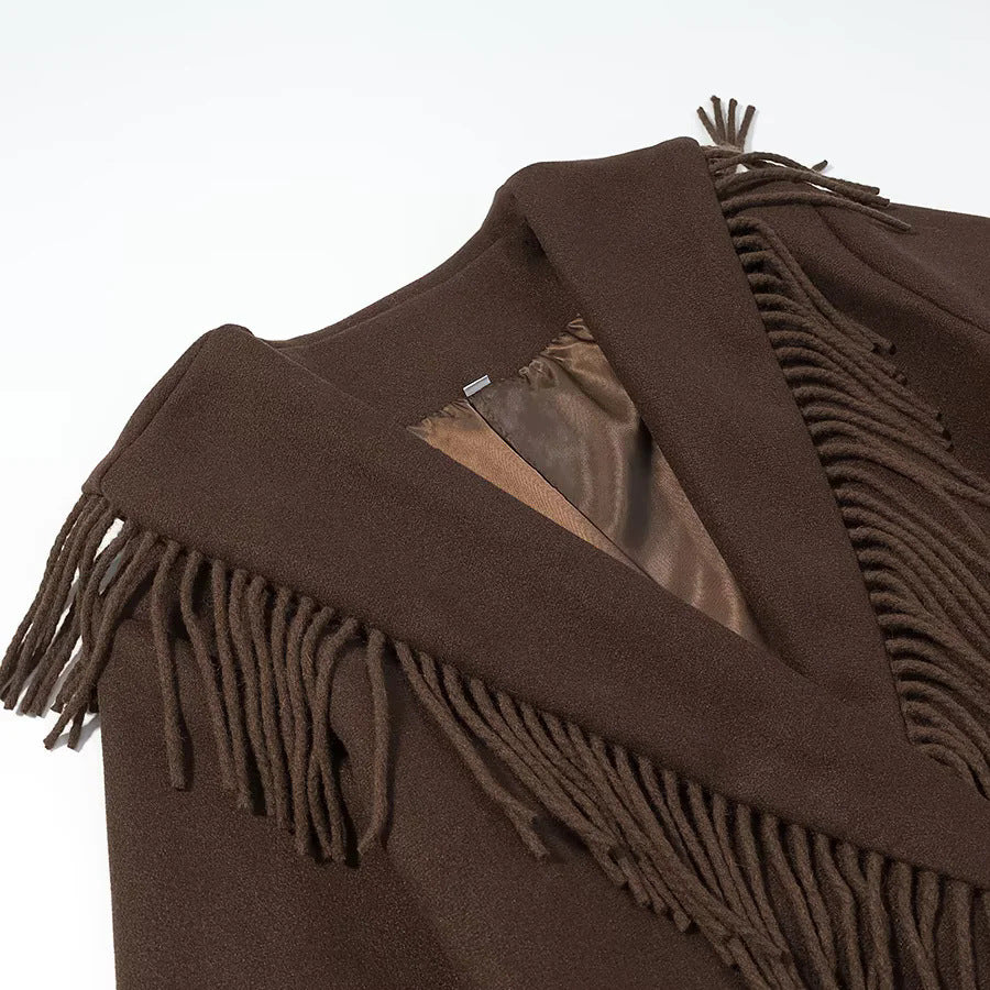 Damen nan langer Fransenmantel mit voluminösem Schalkragen, Taillengürtel und aufgesetzten Taschen Drune