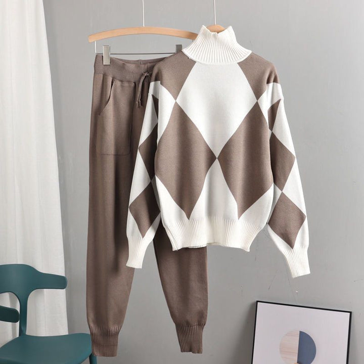 Damen stylisches Freizeitstrickset mit hohem Kragen Drune