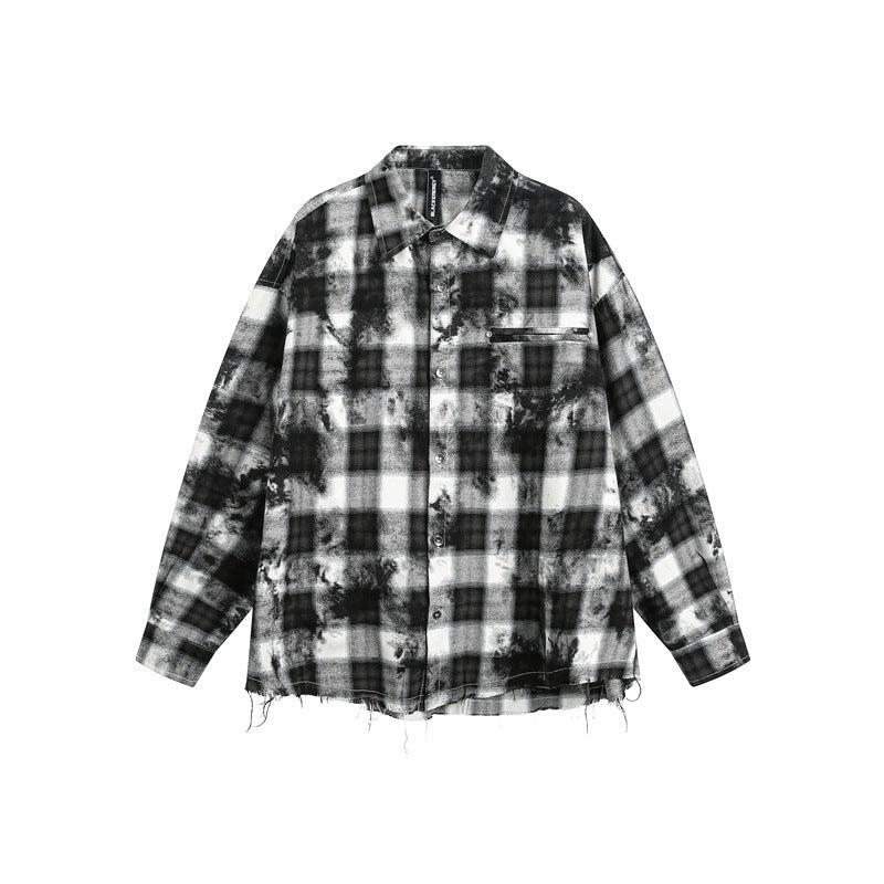 Herren Oversize-Karo-Hemdjacke mit ausgefranstem Saum und Brust-Reißverschlusstasche Drune