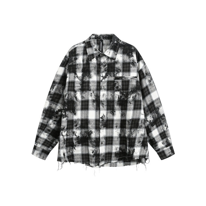 Herren Oversize-Karo-Hemdjacke mit ausgefranstem Saum und Brust-Reißverschlusstasche Drune