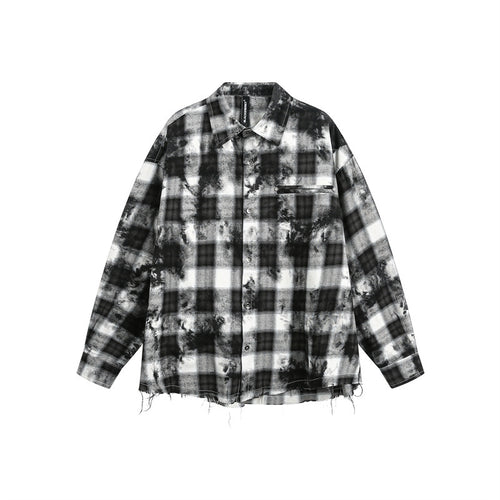 Herren Oversize-Karo-Hemdjacke mit ausgefranstem Saum und Brust-Reißverschlusstasche Drune