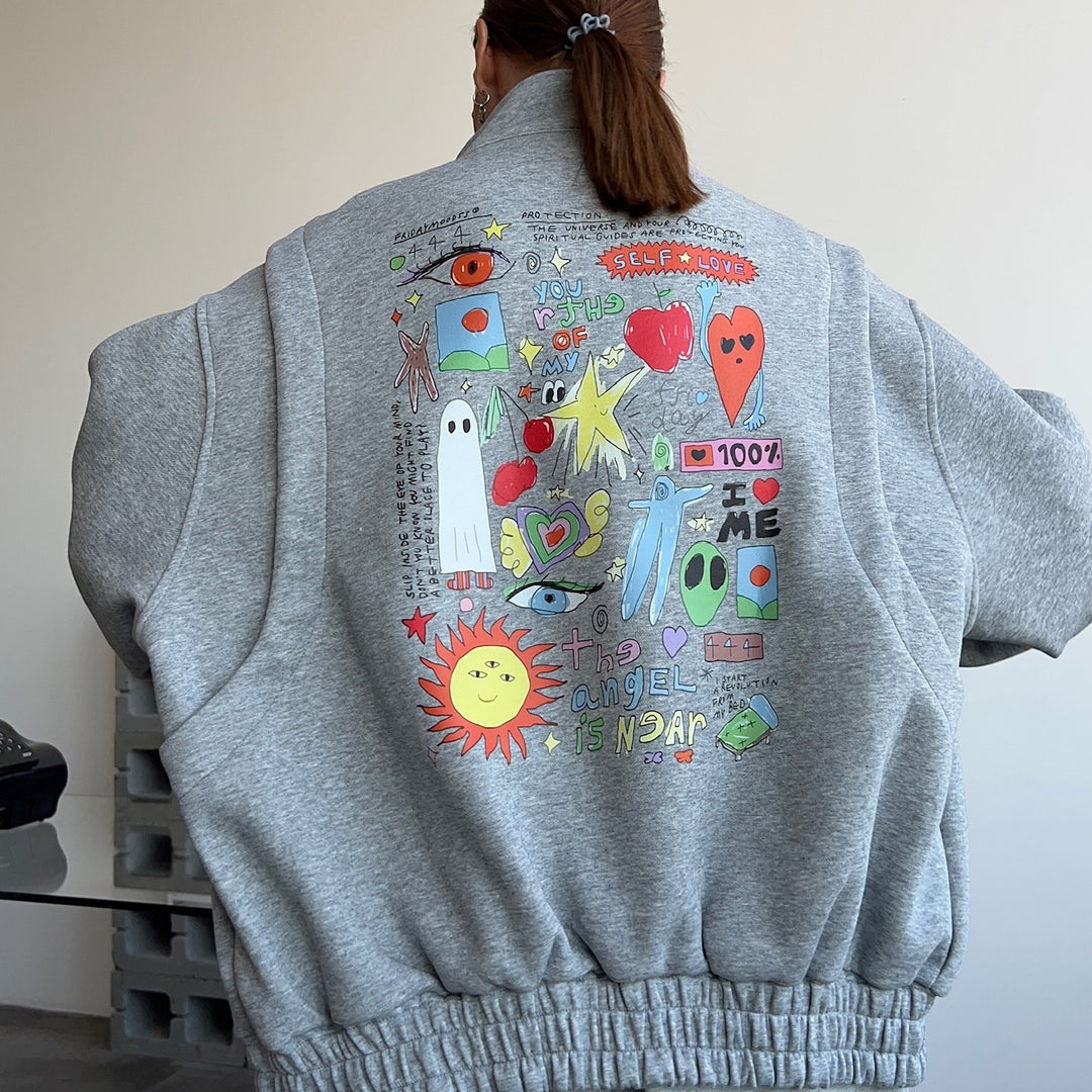 Damen lässiger Sweatshirt mit kreativem Allover-Print und voluminösen Ärmeln Drune