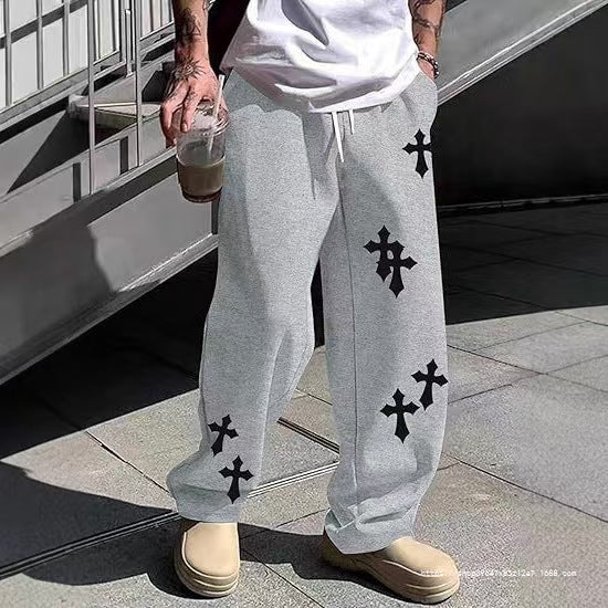 Herren Weite Sweatpants mit Gothic-Kreuz-Print, Tunnelzug & Tiefer Schritt Drune