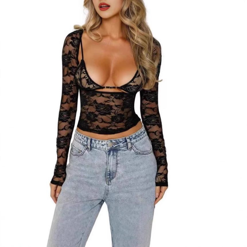 Damen Transparente Spitzenbluse mit tiefem V-Ausschnitt und Cut-Out-Details Drune