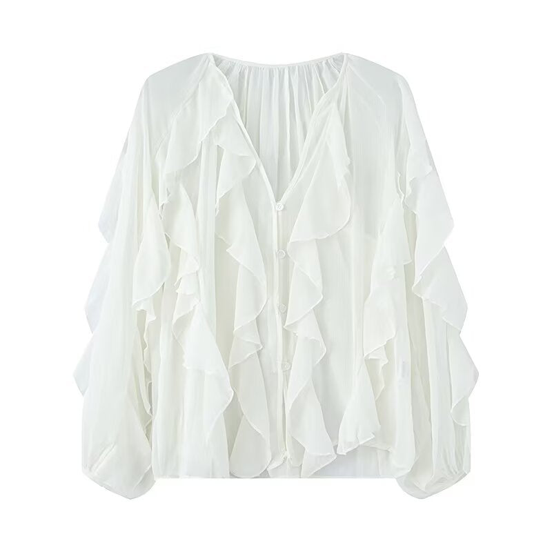 Damen Volant-Chiffonbluse mit Knopfleiste, gerafftem Ausschnitt und Ballonärmeln Drune