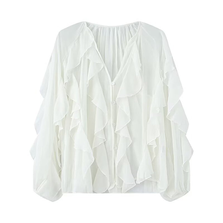 Damen Volant-Chiffonbluse mit Knopfleiste, gerafftem Ausschnitt und Ballonärmeln Drune