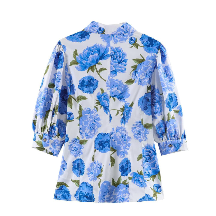 Damen Hemdbluse im A-Linien‑Schnitt mit floraler Allover‑Print, taillierten Teilungsnähten und Puffärmeln Drune