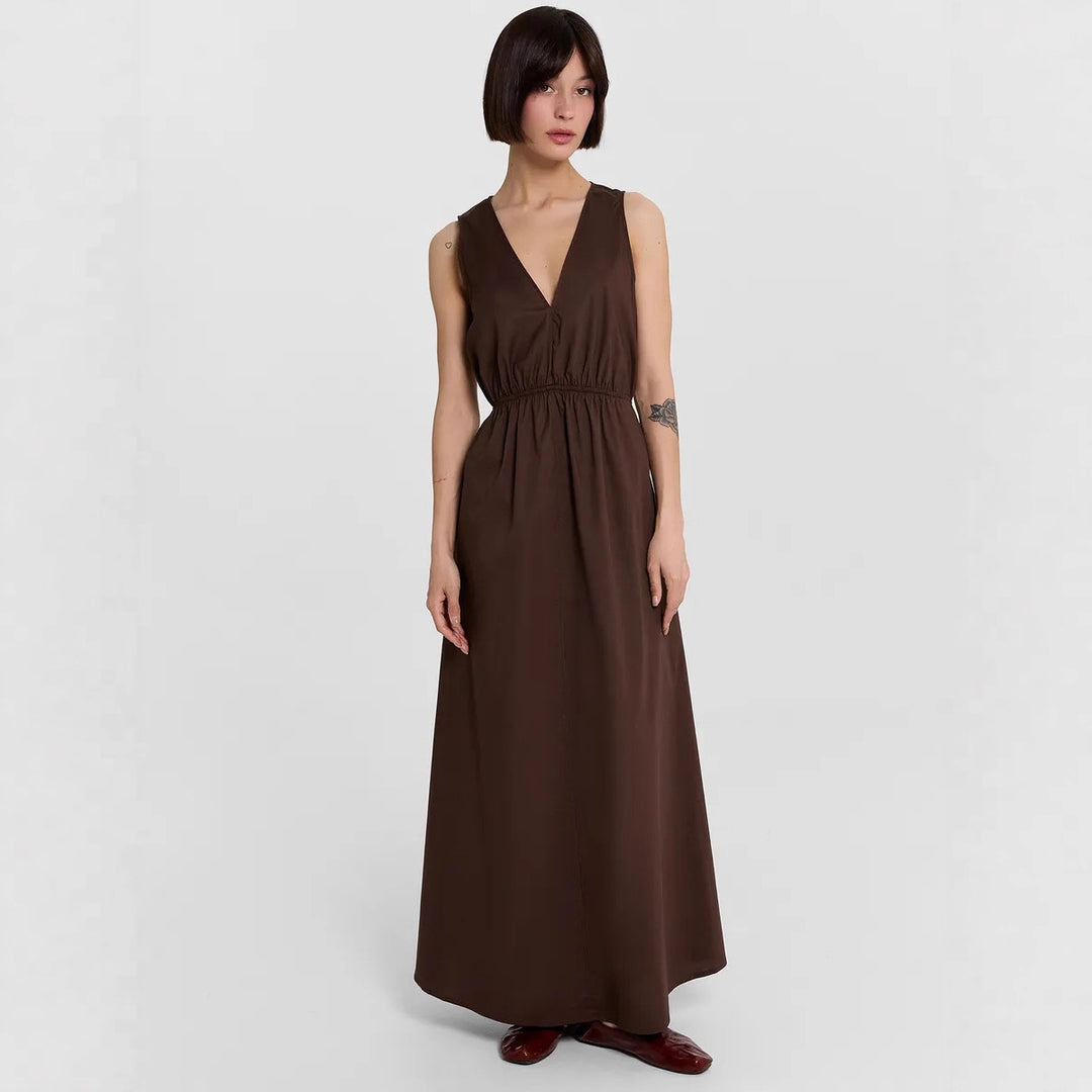 Damen Maxikleid mit stilvollem V-Ausschnitt und Taillengürtel Drune