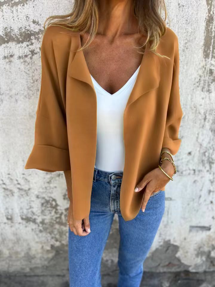 Damen nan legerer offener Strickcardigan mit Schalkragen krempelbaren Ärmeln und kastiger Silhouette Drune