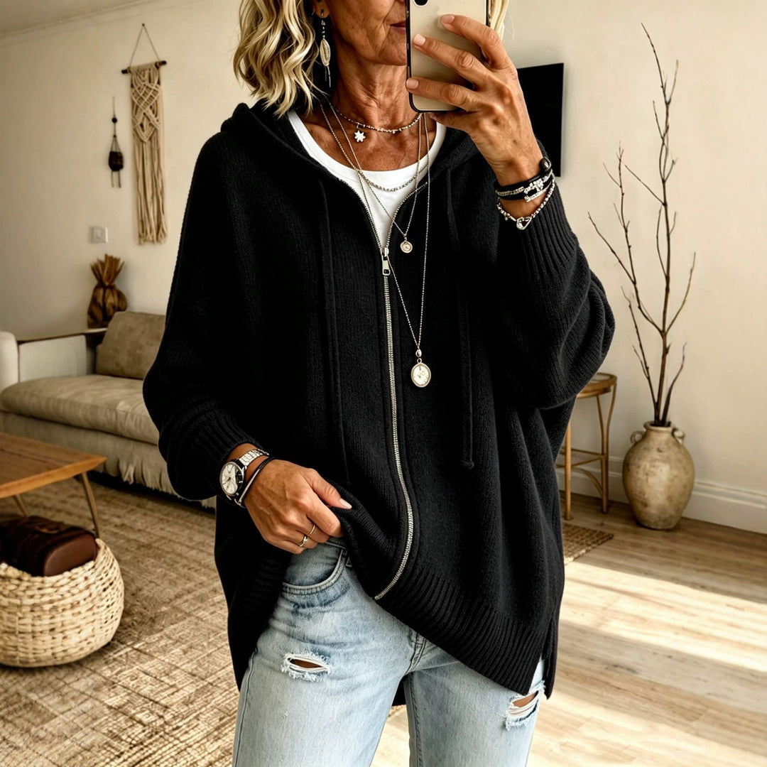 Damen Oversize Kapuzen-Zip-Cardigan aus weichem Feinstrick Drune