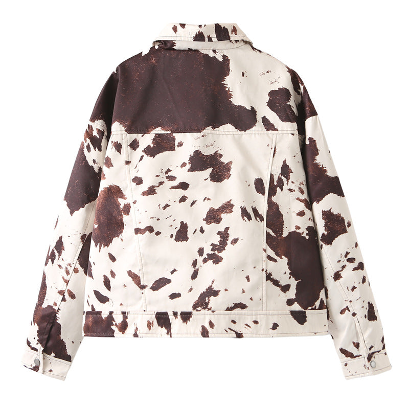 Damen nan Oversize Jeansjacke mit Kuhfleckenprint Druckknopfleiste und Pattentaschen Drune