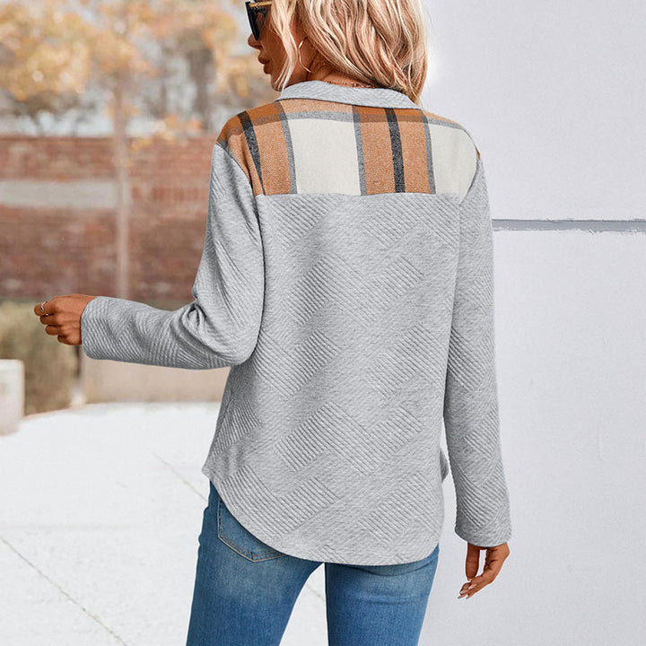 Damen Strukturierter Waffelstrick-Henley-Pullover mit Stehkragen und Druckknopfleiste Drune