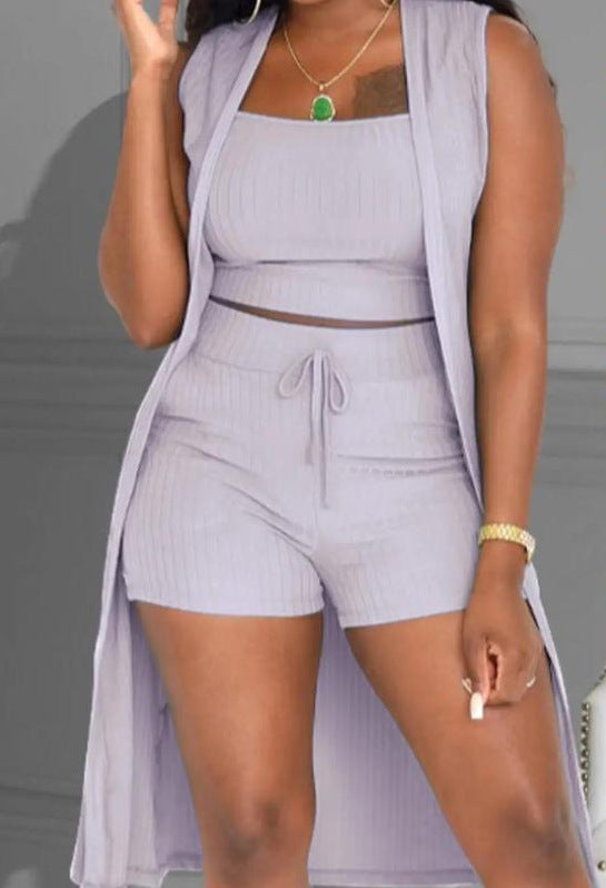 Damen lässiges 3-teiliges Set bestehend aus Crop-Top, Shorts und langem Cardigan Drune