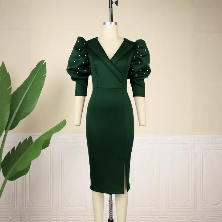 Damen figurbetontes Midi-Kleid mit voluminösen Puffärmeln und eleganten Perlenakzenten Drune