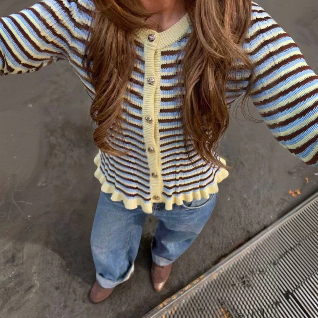 Damen Gerippte Kurzcardigan mit Rüschenbündchen & Statement‑Knöpfen Drune