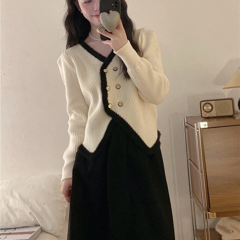Damen elegante Strickjacke mit kontrastierendem Saum und Knopfdetails Drune