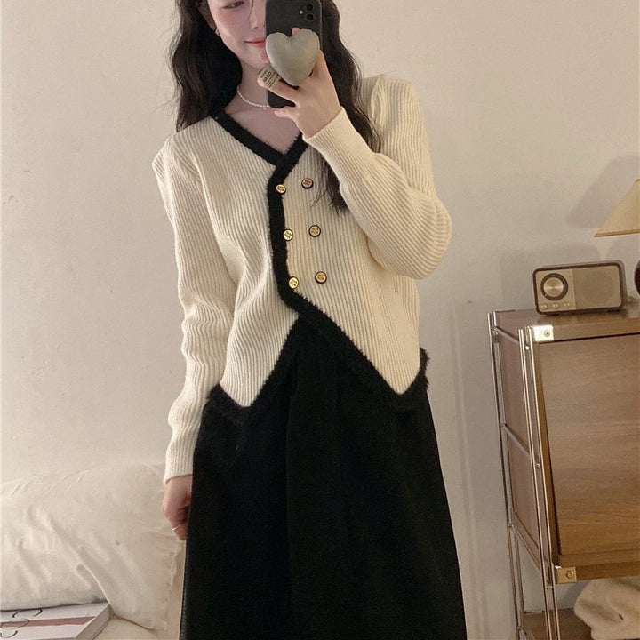 Damen elegante Strickjacke mit kontrastierendem Saum und Knopfdetails Drune