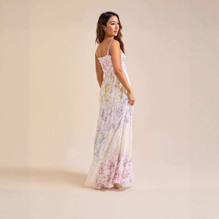 Damen Boho Maxikleid mit elastischem Oberteil und Spitzenakzenten Drune