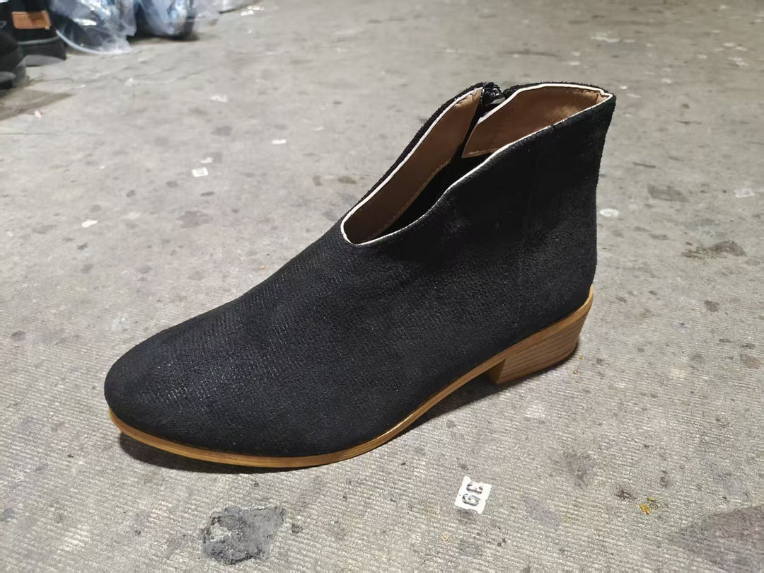 Damen nan knöchelhohe Stiefelette mit V-Ausschnitt, weichem Obermaterial und leichtem Holzblockabsatz Drune