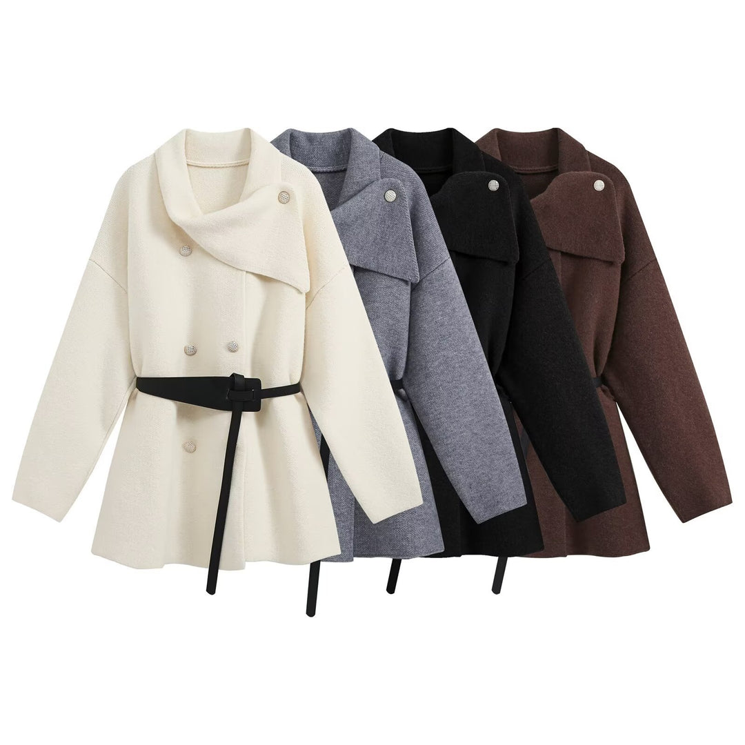 Damen Cropped Bouclé-Mantel mit asymmetrischem Schalkragen und dekorativem Gürtel Drune