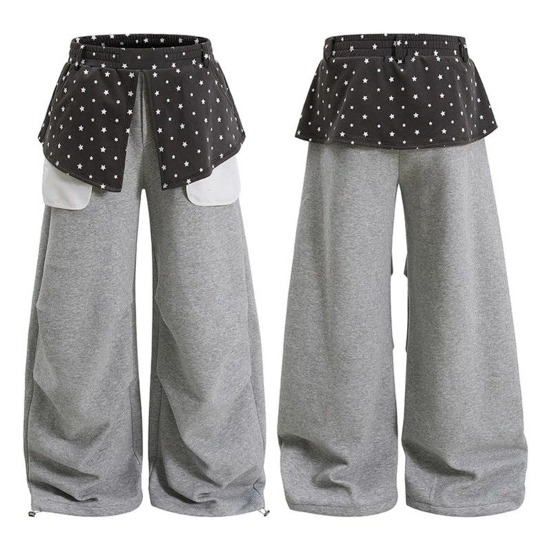 Damen Weite Palazzo-Loungehose mit Lagen-Einsatz, Sternapplikation & großen Kontrasttaschen Drune