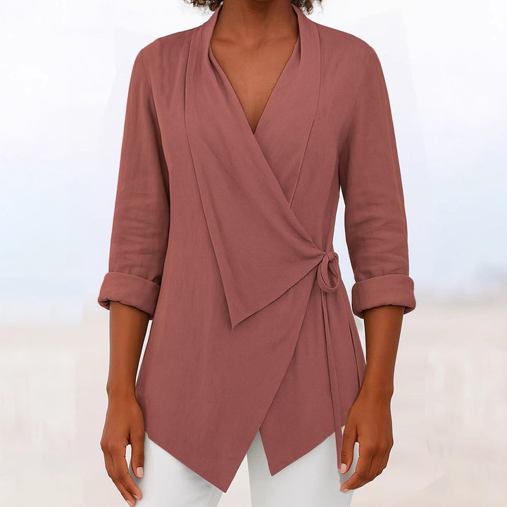 Damen Asymmetrische Wickelbluse mit Schalkragen und 3/4-Ärmeln Drune