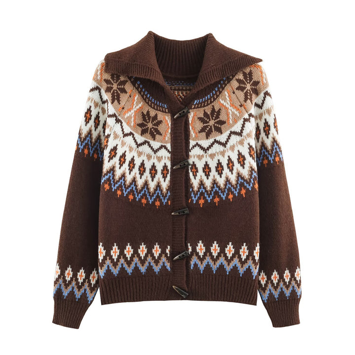 Damen Grobgestrickter Norweger-Cardigan mit Schalkragen und Hornknopfleiste Drune