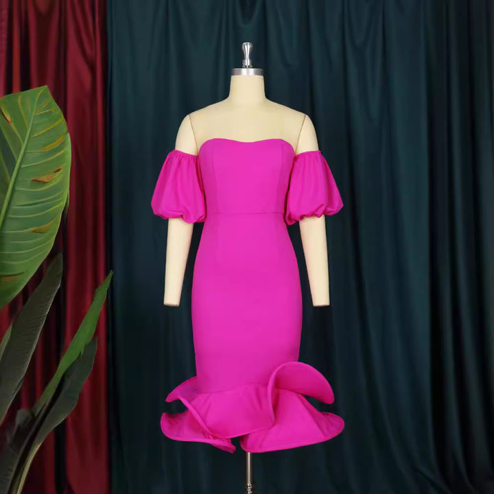 Damen Figurbetontes Abendkleid mit voluminösen Puffärmeln und Rüschenabschluss Drune