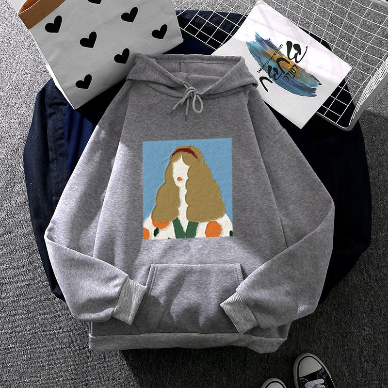 Damen nan Kapuzenpullover mit kunstvoller Chenille-Stickerei im Portraitstil und Kängurutasche Drune