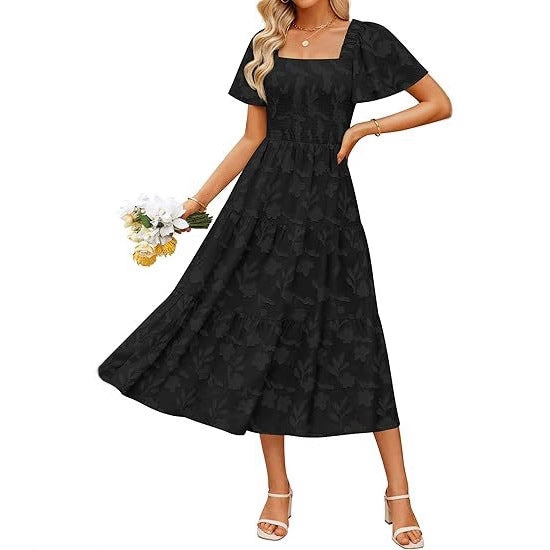 Damen Maxikleid mit Volant und Quadrat-Ausschnitt Drune