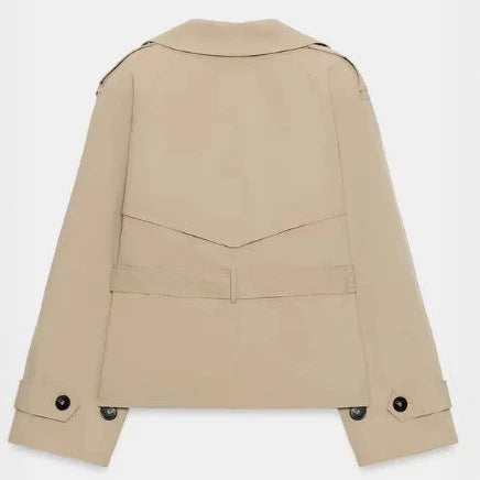 Damen Cropped doppelreihiger Trenchblouson mit Bindegürtel und kastiger Silhouette Drune