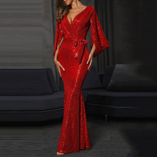 Damen glamouröses Pailletten-Abendkleid mit tiefem V-Ausschnitt und eleganten langen Ärmeln Drune