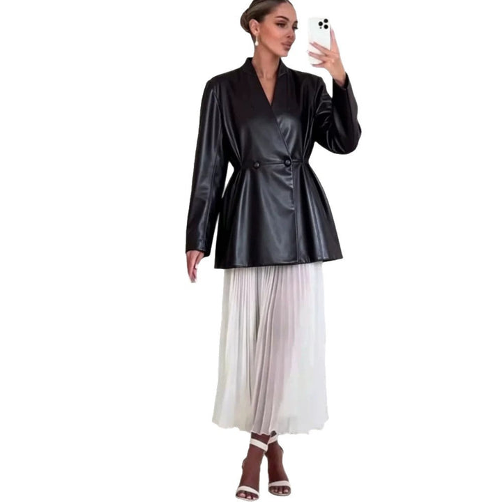 Damen Taillierter Wickelblazer aus Lederimitat mit ausgestelltem Saum Drune