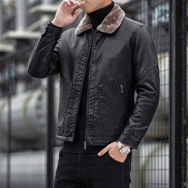 Herren Moderner Kunstlederblouson mit Teddykragen Drune