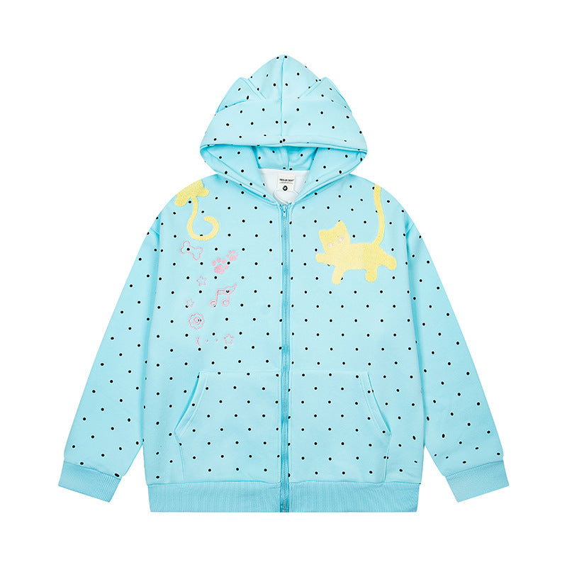 Damen Kapuzen‑Sweatjacke mit Katzenohren, Punktallover und Chenille‑Katzenapplikation Drune