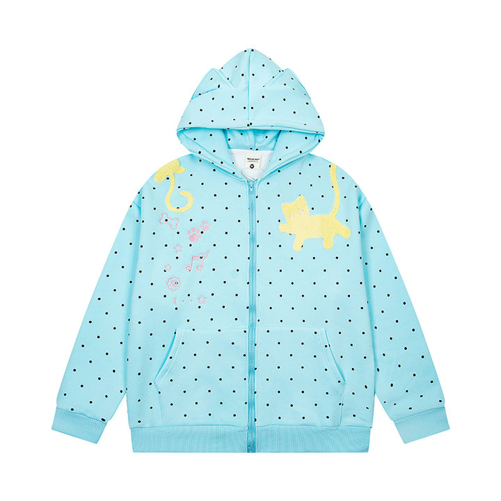 Damen Kapuzen‑Sweatjacke mit Katzenohren, Punktallover und Chenille‑Katzenapplikation Drune
