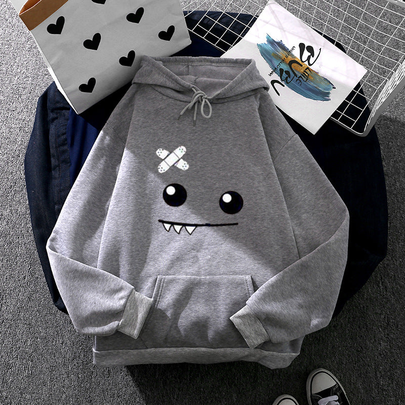 Damen nan Kapuzenpullover mit verspieltem Monstergesicht, Bandagen-Applikation und Kängurutasche Drune
