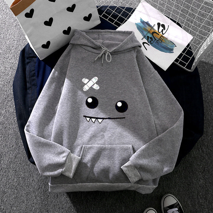 Damen nan Kapuzenpullover mit verspieltem Monstergesicht, Bandagen-Applikation und Kängurutasche Drune