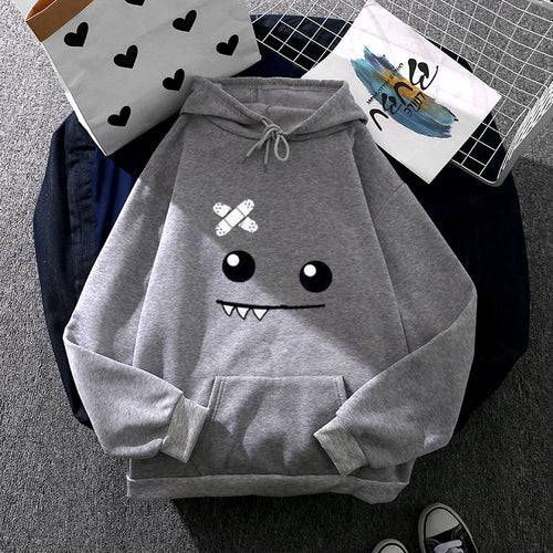 Damen nan Kapuzenpullover mit verspieltem Monstergesicht, Bandagen-Applikation und Kängurutasche Drune