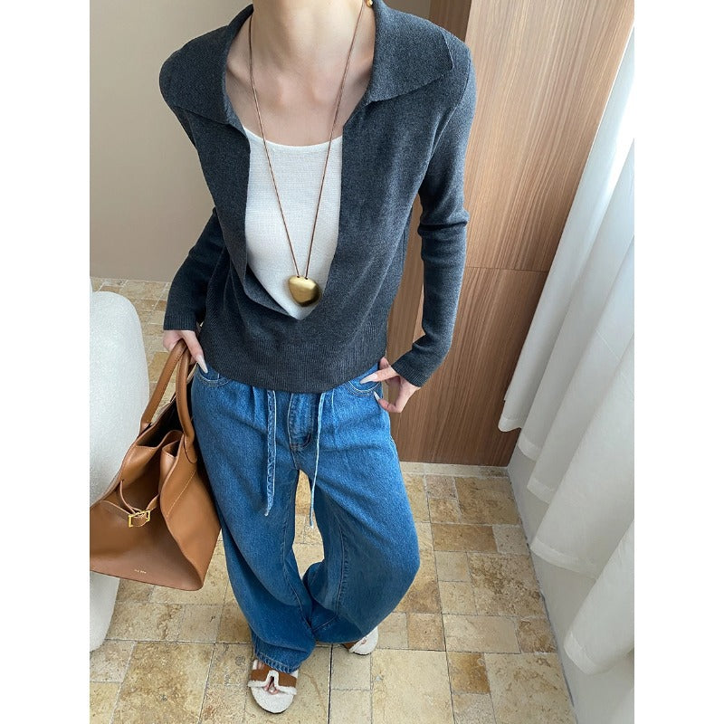 Damen eleganter Pullover mit tiefem Ausschnitt und feinen Details Drune